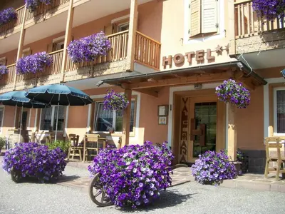 a bike parked in front of a hotel with purple flowers at Hotel Vallechiara in Moena