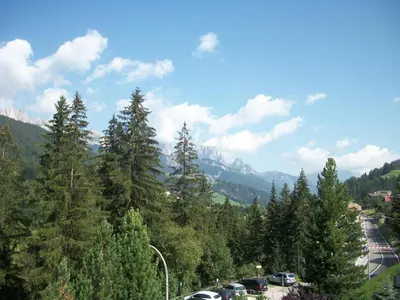 a bunch of cars parked in a parking lot with trees at Hotel Vallechiara in Moena