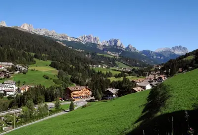 a green hillside with a town and a mountain at Hotel Vallechiara in Moena