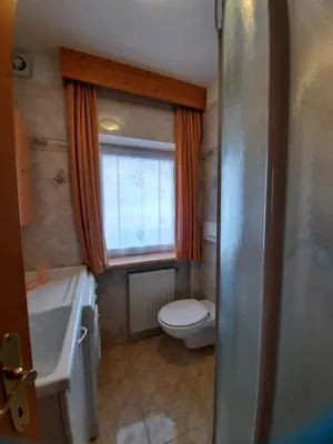 a bathroom with a toilet and a sink and a window at Cesa Bernard in Pozza di Fassa