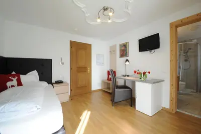 a bedroom with a bed and a desk and a television at Hotel Italia in Corvara in Badia