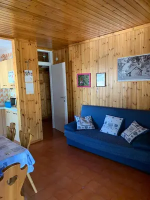 a living room with a blue couch and wooden walls at Casa Lulu' in Predazzo