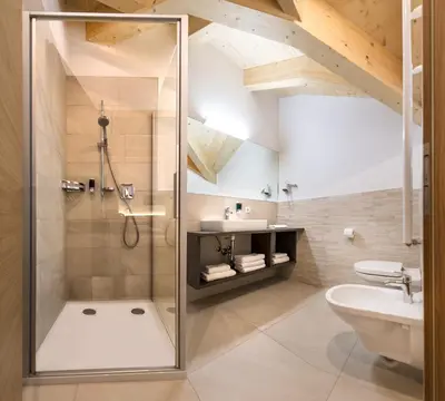 a bathroom with a shower and a sink at Hotel Gasthaus Post in Campo di Trens
