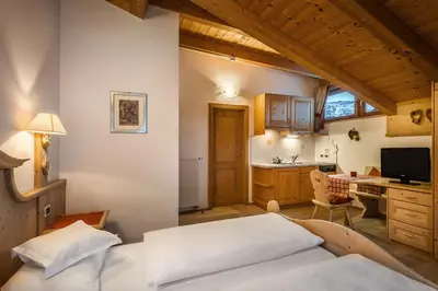 a bedroom with a large bed and a window at Residence Ciasa Planat in San Cassiano
