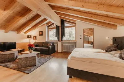 a bedroom with a large bed in a room with wooden ceilings at Hotel Hell in Ortisei