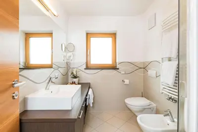 a bathroom with a sink and a toilet at Amonit - Your Dolomites Home in Selva di Val Gardena