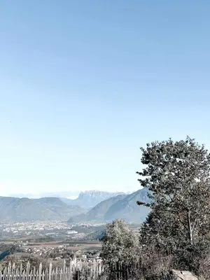 a view of a city with a tree and mountains at Kreuzstein Bed&Breakfast in Appiano sulla Strada del Vino