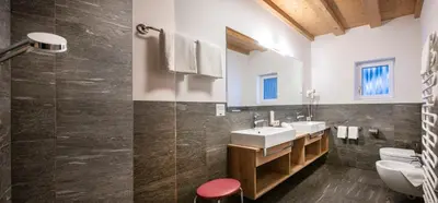 a bathroom with a sink and a toilet and a mirror at Hotel Schmung in Alpe di Siusi