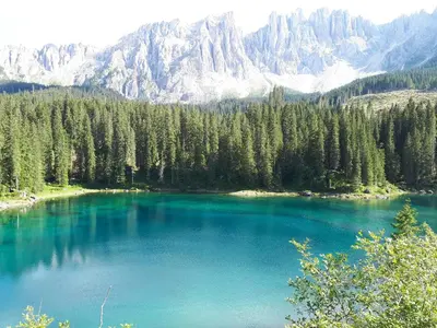 a blue lake with trees and mountains in the background at Apartments Kranebitt in Eggen