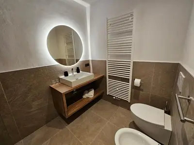a bathroom with a sink and a toilet and a mirror at Apartments Kranebitt in Eggen