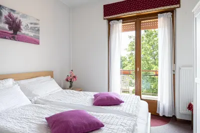 a bedroom with two beds with purple pillows and a window at Piccolo Orso Bruno in Cavareno