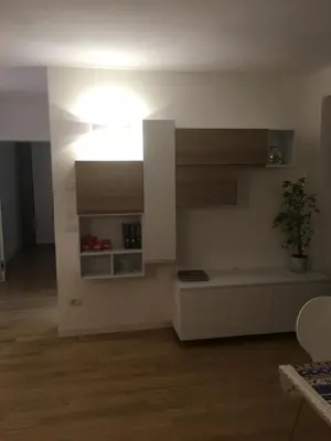 a living room with a white kitchen with a plant at Appartamento Ligeia in Bolzano