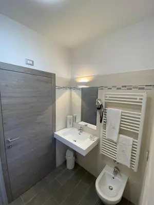 a bathroom with a sink and a toilet and a mirror at Hotel Camoscio in Rocca Pietore