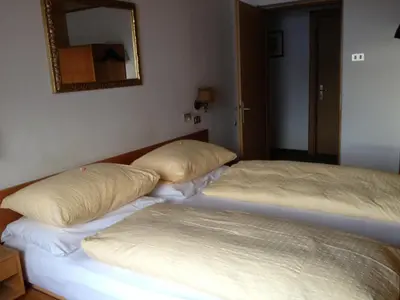 two beds sitting next to each other in a room at Garni Sayonara in Selva di Val Gardena