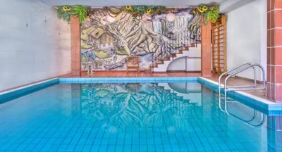 a swimming pool with a mural on the wall at Sonnen Residence in Collalbo