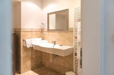 a bathroom with a sink and a mirror at Apartments Waldquell in Collalbo
