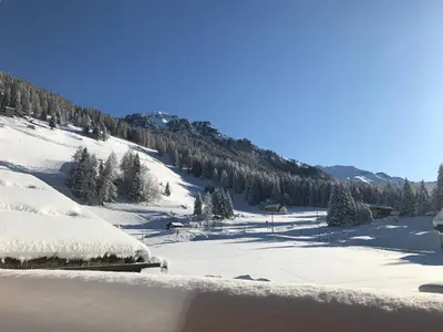 a snow covered slope with trees and a mountain at Cesa Mandi e Miky in Canazei