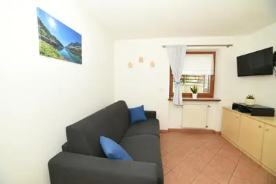a living room with a couch and a television at Cesa Mandi e Miky in Canazei
