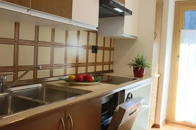 a kitchen with a sink and a bowl of fruit on the counter at Ciasa Alfri in La Villa