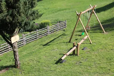 a swing set in a field next to a fence at Volggerhof in Racines