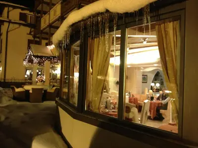 a view of a living room with snow on the window at Hotel Patrizia Dolomites Glamour in Moena