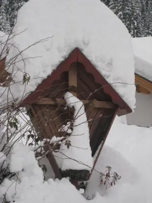a bird house with snow on top of it at B&B Ciasa Weber in Moena