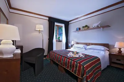 a hotel room with a bed and a desk and a chair at Boutique Hotel Villa Blu Cortina D'Ampezzo in Cortina dʼAmpezzo
