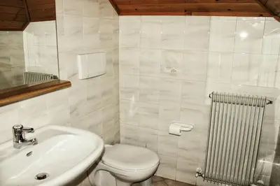 a bathroom with a white toilet and a sink at Albergo Hofer in Bolzano