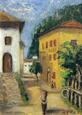 a painting of a street with a building and a tree at Hotel Italia in Castello di Fiemme