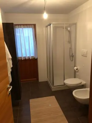 a bathroom with a shower and a toilet and a sink at Apartment Himmelreich in Brunico