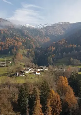 a small town in a valley with trees and mountains at Temblhof in Vipiteno