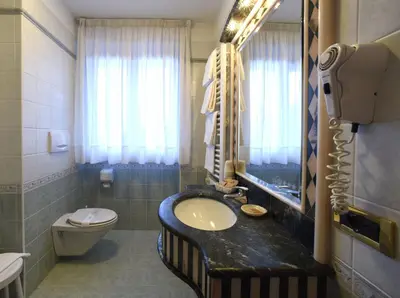 a bathroom with a sink and a toilet and a mirror at Hotel Barance in Alleghe