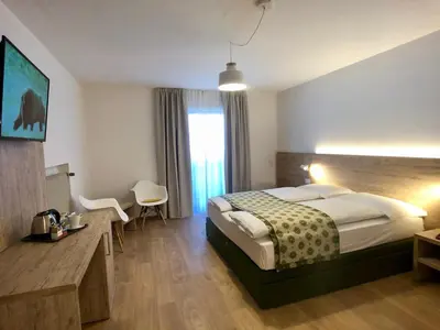 a hotel room with a bed and a desk and a television at Hotel Kronplatzer Hof in Rasun di Sopra