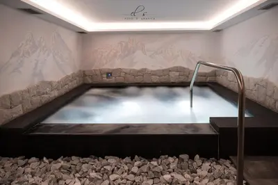 a hot tub in a room with a mountain mural at Residence Lastè in Moena