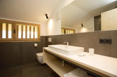 a bathroom with a sink and a toilet at Birkenhof in Marlengo
