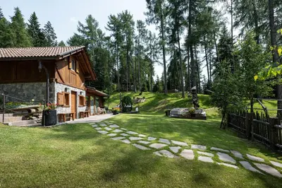 a yard with a house and a stone path at Cain Comfort Chalet in Fondo