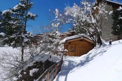 a wooden cabin in the snow with a fence at Villa Edelweiss in Alleghe