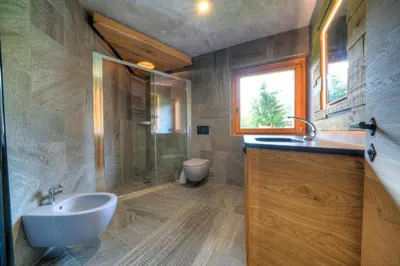 a bathroom with a sink and a shower and a toilet at Tana del Picchio in Falcade