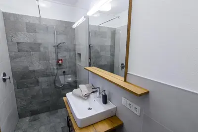 a bathroom with a sink and a shower at Mair am Anger-Appartments in Riscone