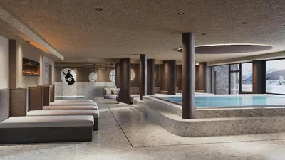 a rendering of a hotel lobby with a swimming pool at Alpenvilla Large Family Apartment - by Familiaris- Pools 500 meters in Valdaora