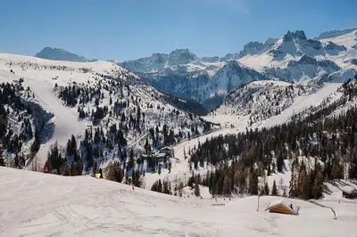 a snow covered mountain with trees and a ski slope at Hotel Garni Elisir in Arabba
