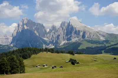 a large green field with mountains in the background at NaturResidence Dolomitenhof in Siusi
