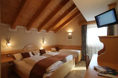 a bedroom with two beds and a flat screen tv at Ciasa Montanara in La Villa