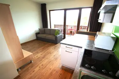 a kitchen with a stove and a couch in a room at Gasthof Hotel Wöhrmaurer in Feldthurns