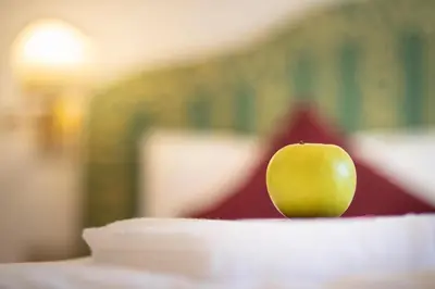 a green apple sitting on top of a table at Hotel Ciasa Lorenzi in Cortina dʼAmpezzo