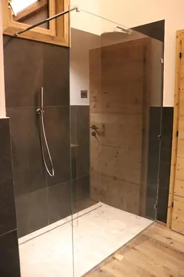 a shower with a glass door in a bathroom at Hotel Ciasa Lorenzi in Cortina dʼAmpezzo