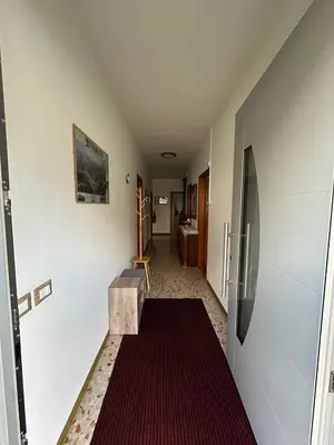 a hallway with a red rug on the floor at Appartamento San Lucano in Agordo