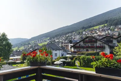 a view of a town from a balcony with flowers at Apartments Jalve in Ortisei