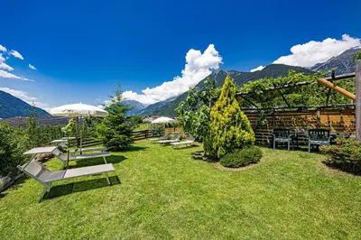 a group of benches on the grass with mountains in the background at Hotel Stefanie in Tirolo
