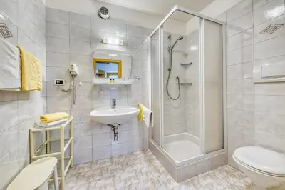 a bathroom with a shower and a sink and a toilet at Hotel Stefanie in Tirolo